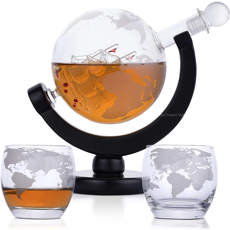 Borosilicate Glass Globe Shape Wine Whiskey Bottle Decanter Set with Wooden Stand and Glasses Cup