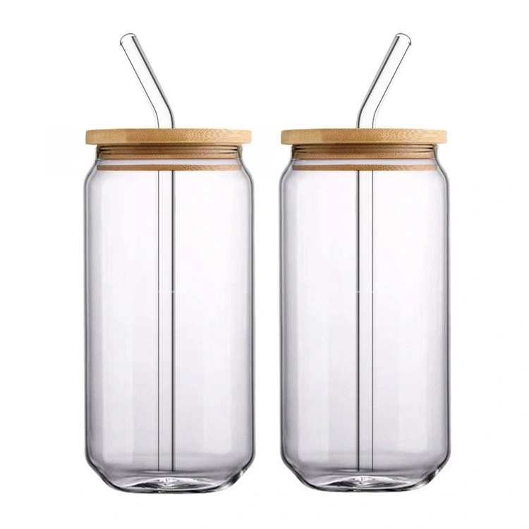 Set of 4 Amazon 16oz High Borosilicate Glass Drink Beer Coke Cup Straw Wooden Lid Cocktail Glass