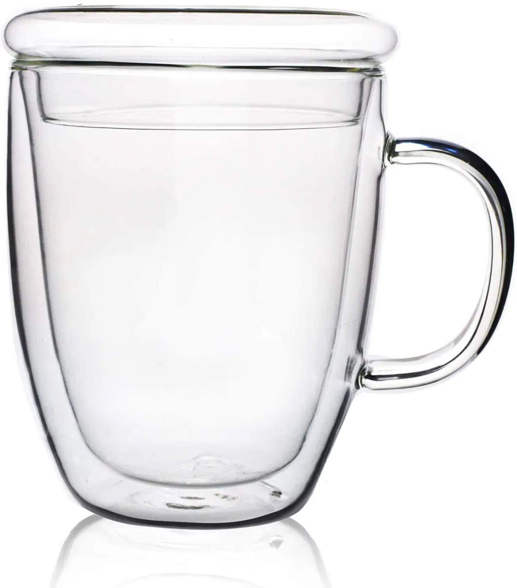Wholesale 15oz 450ml Glass Double Borosilicate Glass Easy to Clean for Coffee Milk Tea Beer with Glass Lid and Handle for Gift Office Daily Use