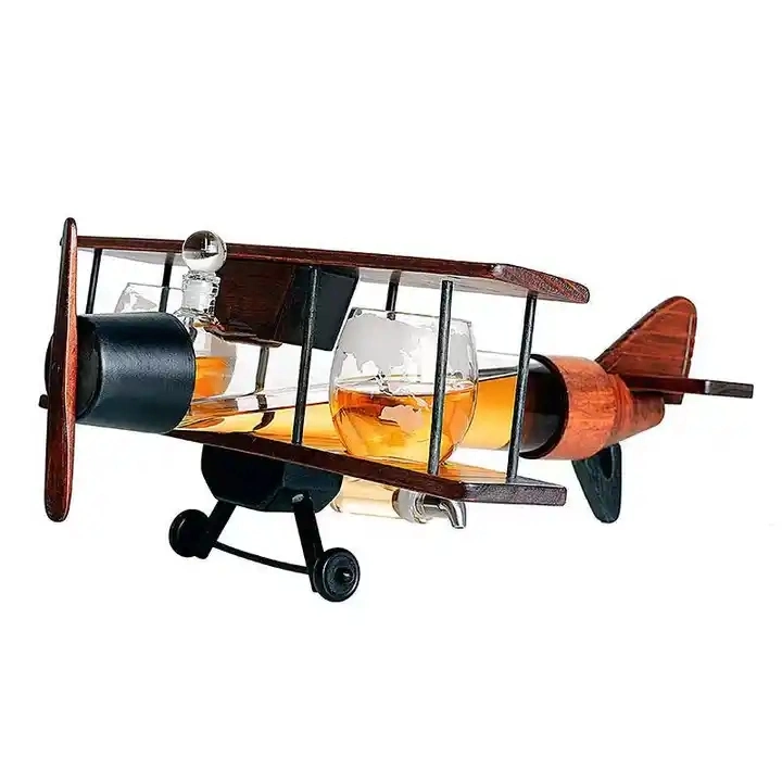 500ml 700ml Super Flint Glass and Wooden Material Plane Shaped Customized Whiskey Decanter Set Shape of Helicopter
