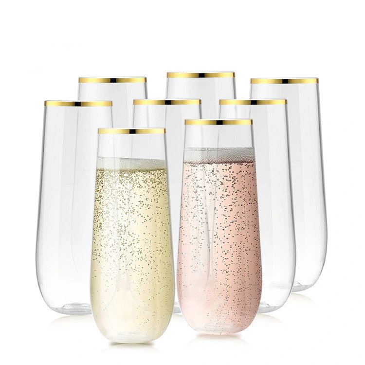 Amazon Trending Promotional Gifts Clear Wine Crystal Cocktail Champagne Plastic Flutes with Golden Rim