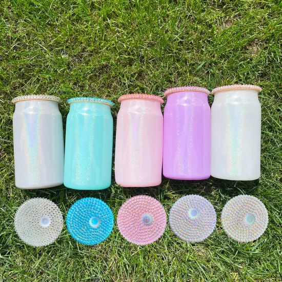 16oz Shimmer Glitter Glass with Diamond Lids Clear Sparkling Holographic Shimmer Glass with Plastic Straw Soda Beer Coffee Tumbler Cups USA Warehouse