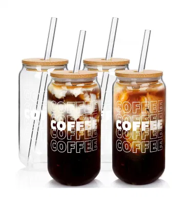 New Style 16 Oz Beer Can Glass with Bamboo Cover and Glass Straw Used for Ice Coffee Cup Smoothies Boba Tea Whisky Water